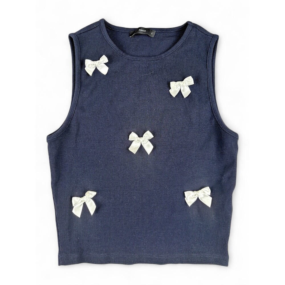 Pigalle Navy Ribbed Tank Top with Satin Bows‎ S